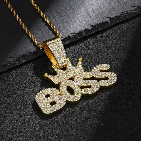 Men Hip Hop Iced Out Boss Crown Letter Pendant Necklace Streetwear Gold Silver Alloy Cuban Link Rope Chain Jewelry
