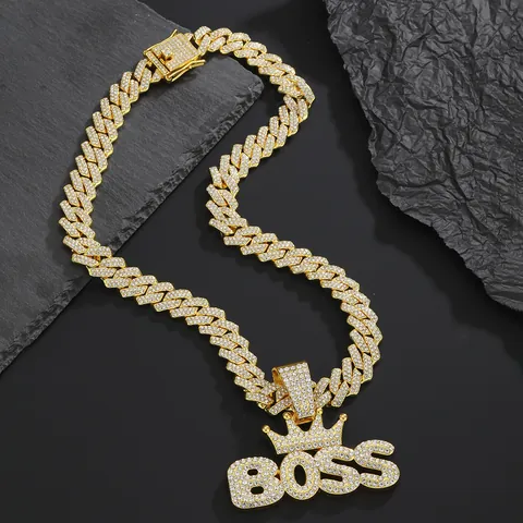 Men Hip Hop Iced Out Boss Crown Letter Pendant Necklace Streetwear Gold Silver Alloy Cuban Link Rope Chain Jewelry
