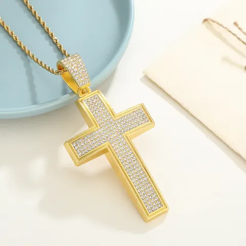 Hip Hop Iced Out Cross Pendant Necklace Men Zinc Alloy Rhinestone Rope Cuban Link Chain Street Jewelry Accessory
