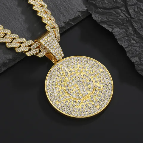 Hip Hop Iced Out Στρογγυλό Κολιέ με Μενταγιόν Ήλιο για Άνδρες Επιχρυσωμένο Κράμα με Λαμπερά Στρας Street Fashion Κοσμήματα Κουβανέζικη Αλυσίδα
