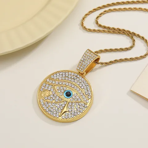 Hip Hop Round Evil Eye Of Horus Pendant Necklace Iced Out Rhinestone Bling Zinc Alloy Cuban Rope Chain Streetwear Jewelry