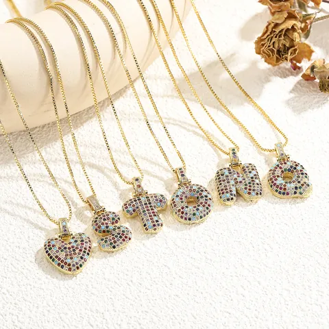 Colorful Cubic Zirconia 26 Initial Alphabet Letter Pendant Necklace Gold Silver Plated Copper Bubble Initial Letter Box Chain Personalized Fashion Jewelry For Women