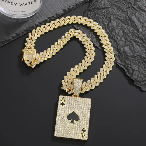 Iced Out Ace Of Spades Pendant Necklace Zinc Alloy Rhinestone Poker Card Hip Hop Cuban Link Chain Rope Chain Men Women Streetwear Jewelry