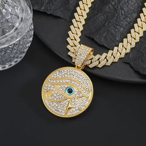Hip Hop Round Evil Eye Of Horus Pendant Necklace Iced Out Rhinestone Bling Zinc Alloy Cuban Rope Chain Streetwear Jewelry