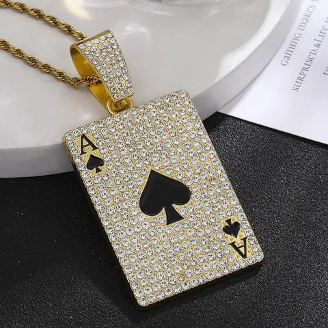 Iced Out Ace Of Spades Pendant Necklace Zinc Alloy Rhinestone Poker Card Hip Hop Cuban Link Chain Rope Chain Men Women Streetwear Jewelry