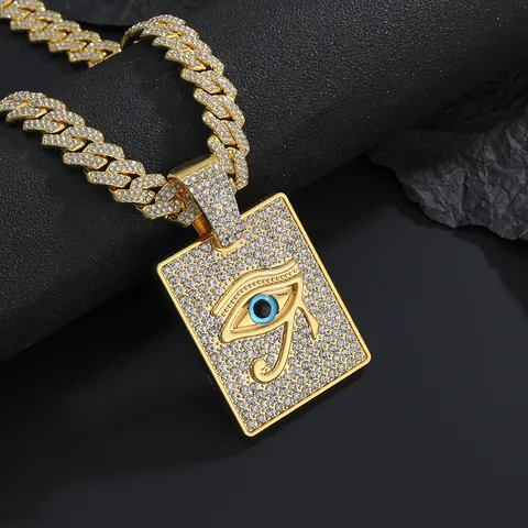 Hip Hop Iced Out Eye Of Horus Pendant Necklace Zinc Alloy Rhinestone Gold Silver Cuban Rope Chain Street Jewelry For Men