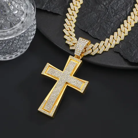 Hip Hop Iced Out Cross Pendant Necklace Men Alloy Rhinestone Large Cross With Cuban Chain Rope Chain Streetwear Jewelry