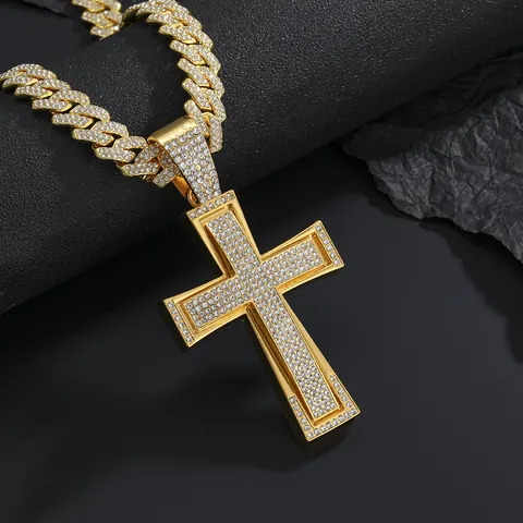 Hip Hop Iced Out Cross Pendant Necklace Men Alloy Rhinestone Large Cross With Cuban Chain Rope Chain Streetwear Jewelry