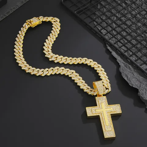 Hip Hop Gold Vergoldet Zinklegierung Kreuz Anhänger Halskette Iced Out Strass Kubanische Gliederkette Für Herren Schmuck
