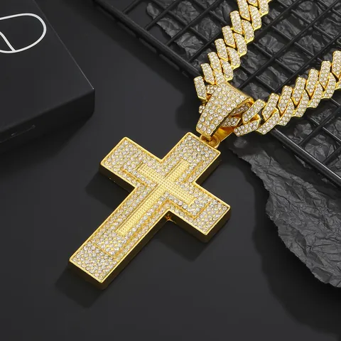 Hip Hop Gold Vergoldet Zinklegierung Kreuz Anhänger Halskette Iced Out Strass Kubanische Gliederkette Für Herren Schmuck