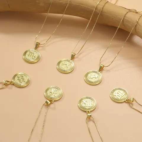 Vintage 12 Zodiac Sign Disc Coin Pendant Necklace Gold Plated Copper Box Chain Minimalist Astrological Jewelry Gift For Women Men