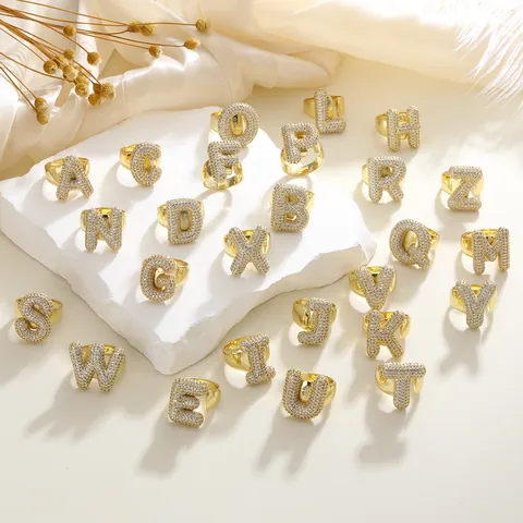 Gold Plated Copper Zirconia Initial Ring For Women 26 Alphabet Letter Adjustable Open Finger Ring Fashion Jewelry Gift