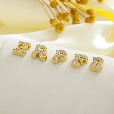 Gold Plated Copper Alphabet Letter Charms With Pave White Zircon For DIY Bracelet Necklace Jewelry Making A-Z Initial Beads