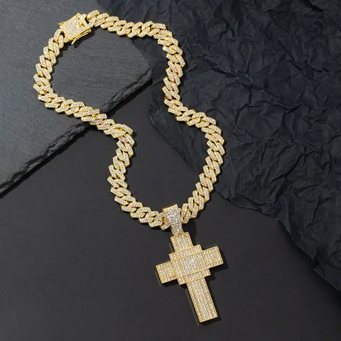 Hiphop Iced Out Cross Pendant Necklace Zinc Alloy Rhinestone Cuban Link Chain Vintage Jewelry For Men Women Party Gift
