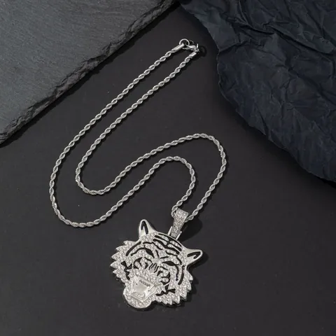 Hip Hop Tiger Head Pendant Necklace Iced Out Rhinestone Alloy Animal Charm With Rope Chain For Men Women Streetwear Jewelry