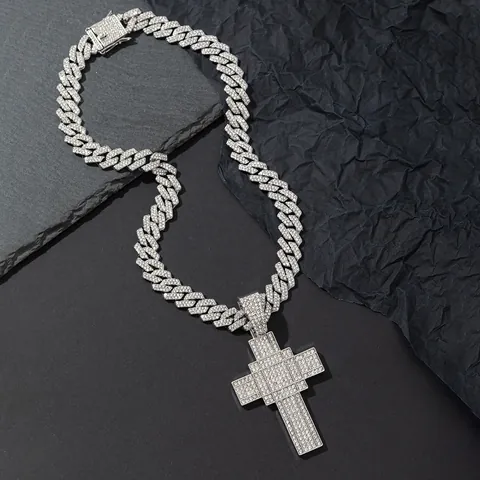 Hiphop Iced Out Cross Pendant Necklace Zinc Alloy Rhinestone Cuban Link Chain Vintage Jewelry For Men Women Party Gift