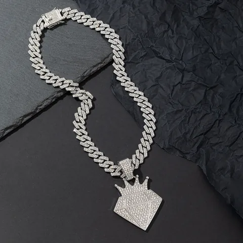Hip Hop Iced Out Crown Diamond Shape Pendant Necklace For Men Women Zinc Alloy Rhinestone Cuban Link Rope Chain Jewelry