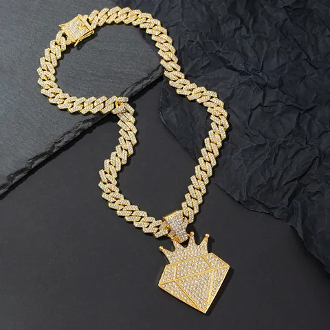 Hip Hop Iced Out Crown Diamond Shape Pendant Necklace For Men Women Zinc Alloy Rhinestone Cuban Link Rope Chain Jewelry