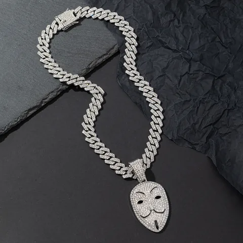 Hip Hop Maske Anhänger Halskette Iced Out Guy Fawkes Maske Zinklegierung Strass Panzerkette Streetwear Schmuck Für Herren