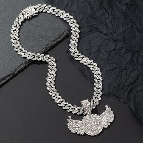 Hip Hop Iced Out Angel Wings Heart Pendant Necklace Zinc Alloy Rhinestone Bling Cuban Rope Chain Jewelry For Men Women