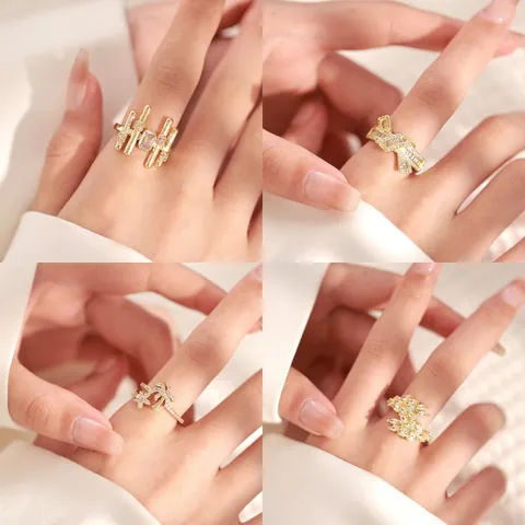Minimalist 18K Gold Plated Copper Open Ring For Women Adjustable Zirconia Geometric Heart Bow Adjustable Jewelry Finger Ring