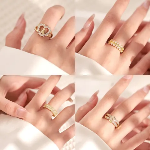 Minimalist 18K Gold Plated Copper Open Ring For Women Adjustable Zirconia Geometric Heart Bow Adjustable Jewelry Finger Ring