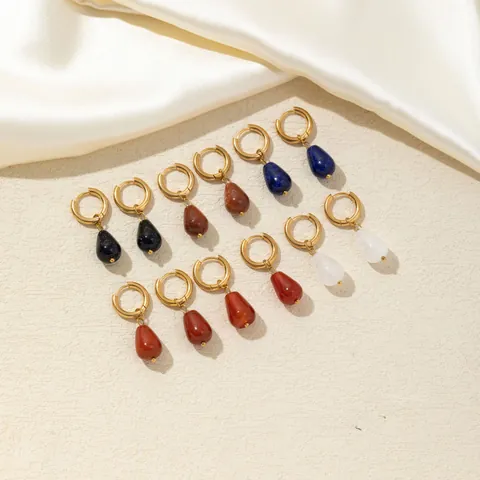 Elegant Stainless Steel Teardrop Natural Stone Earrings For Women Simple Gold Plated Water Drop Hoop Earrings Jewelry Gift