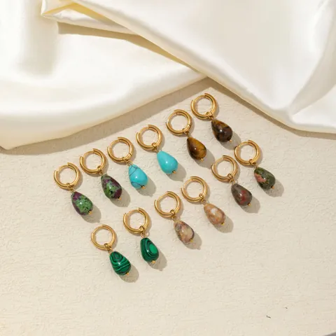 Elegant Stainless Steel Teardrop Natural Stone Earrings For Women Simple Gold Plated Water Drop Hoop Earrings Jewelry Gift