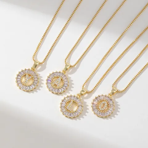 Gold Plated Copper Zirconia Round Initial Alphabet Letter Pendant Necklace With Box Chain For Women Jewelry Gift