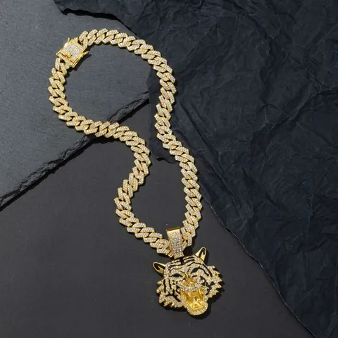 Hip Hop Pave Rhinestone Tiger Head Pendant Necklace Zinc Alloy Cuban Link Rope Chain Gold Silver Punk Animal Jewelry Men