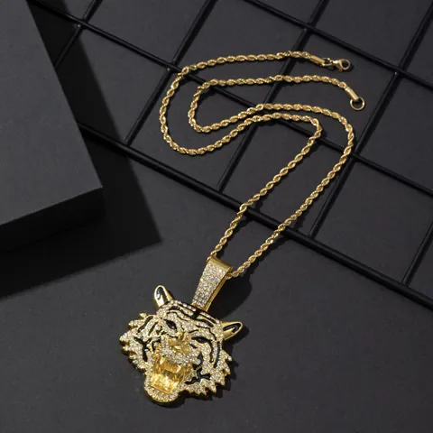 Hip Hop Pave Rhinestone Tiger Head Pendant Necklace Zinc Alloy Cuban Link Rope Chain Gold Silver Punk Animal Jewelry Men