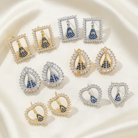 Religious Copper Zirconia Heart Water Drop Square Stud Earrings Gold Silver Plated Blue Sapphire Virgin Mary Jewelry