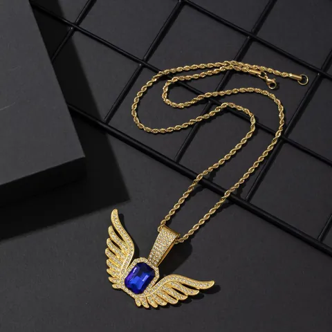 Hip Hop Angel Wings Pendant Necklace For Men Women Zinc Alloy Blue Zirconia Rhinestone Iced Out Cuban Rope Chain Jewelry