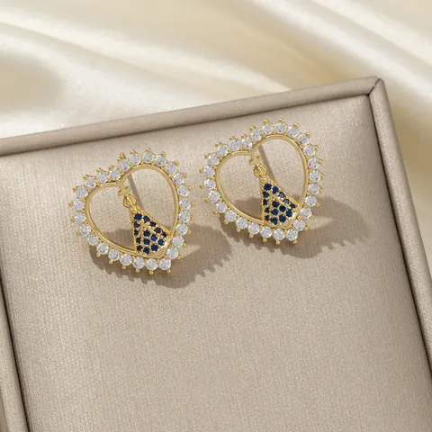 Religious Copper Zirconia Heart Water Drop Square Stud Earrings Gold Silver Plated Blue Sapphire Virgin Mary Jewelry