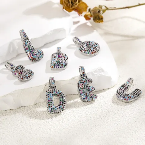 Gold Silver Plated Copper Colorful Cubic Zirconia Bubble Letter Pendant Necklace Hip Hop Alphabet Chain Jewelry For Women Men