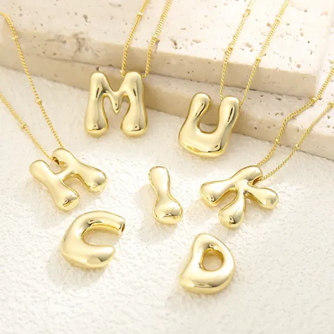 18K Gold Plated Copper Puffy 3D Bubble Alphabet Initial Pendant Necklace For Women Fashion Jewelry Polished Letter Charm Gift