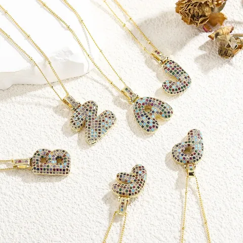 Gold Silver Plated Copper Colorful Cubic Zirconia Bubble Letter Pendant Necklace Hip Hop Alphabet Chain Jewelry For Women Men