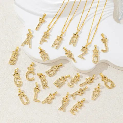 Gold Plated Copper Crown Letter Pendant Necklace A-Z Zirconia Hip Hop Initial Clavicle Chain Jewelry For Women