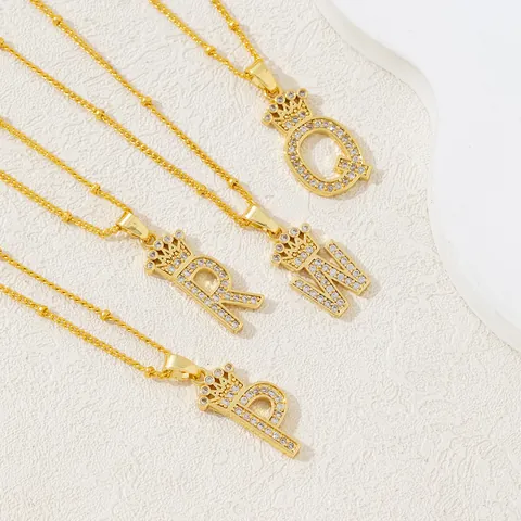 Gold Plated Copper Crown Letter Pendant Necklace A-Z Zirconia Hip Hop Initial Clavicle Chain Jewelry For Women
