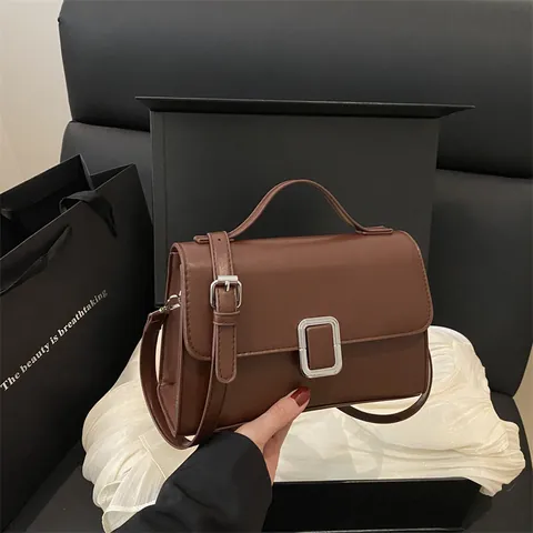 Borsa a Tracolla Piccola Quadrata da Donna in Pelle PU Moda Semplice Tinta Unita Con Fibbia in Metallo Manico Superiore Borsa Quotidiana