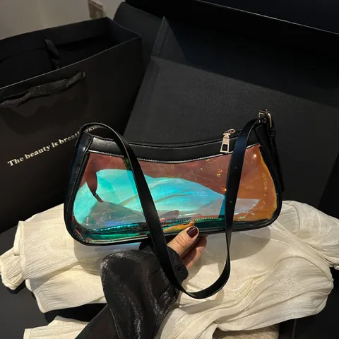 Women Iridescent Transparent PVC Underarm Bag Fashion Holographic Jelly Shoulder Bag Faux Leather Trim Zip Closure Y2K Party Daily Casual Bag