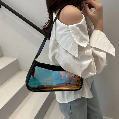 Women Iridescent Transparent PVC Underarm Bag Fashion Holographic Jelly Shoulder Bag Faux Leather Trim Zip Closure Y2K Party Daily Casual Bag