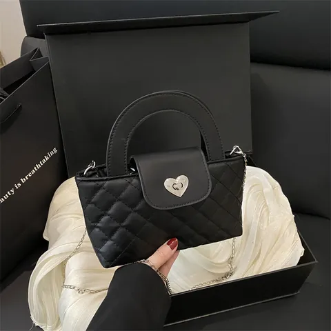 Women Quilted Heart Lock Crossbody Bag PU Leather Top Handle Small Square Handbag With Silver Metal Chain Strap