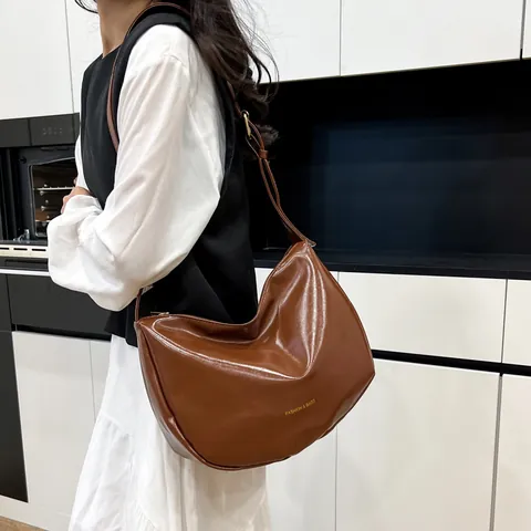 Bolso de Axila de Cuero PU Retro Francés para Mujer Bolso de Hombro de Media Luna de Color Sólido Minimalista Bolso Hobo de Moda