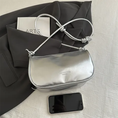 Women Trendy PU Leather Underarm Bag Metallic Shoulder Crossbody Bag With Cute Bear Keychain Solid Color Alphabet Purse