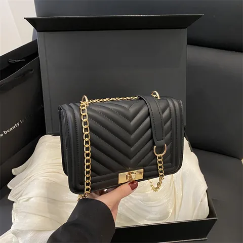 Women V-Shaped Quilted PU Leather Shoulder Bag Fashion Gold Chain Crossbody Bag With Square Metal Lock Flap Square Bag