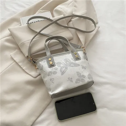 Women Sweet Butterfly Print Bucket Bag With Artificial Pearl Bow Pendant Stylish PU Leather Handbag Casual Crossbody Shoulder Bag