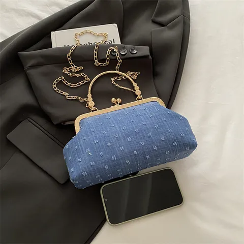 Retro Shell Shaped Denim Kiss Lock Handbag Vintage Textured Fabric Evening Bag Carved Metal Handle Gold Chain Crossbody Bag