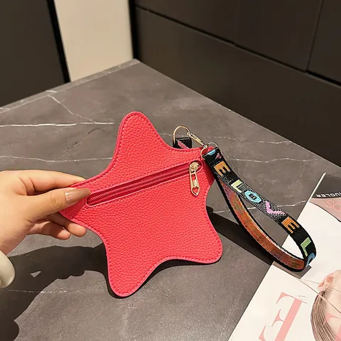Fashion Women Star Shape Coin Purse Mini PU Leather Lychee Pattern Bag With Rainbow LOVE Strap Heart Zipper Small Pouch Gift