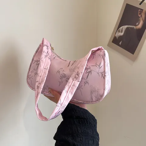 Women Underarm Bag Oxford Cloth Bamboo Leaf Print Fashion Half Moon Hobo Bag For Casual Daily Office Lady Shoulder Bag